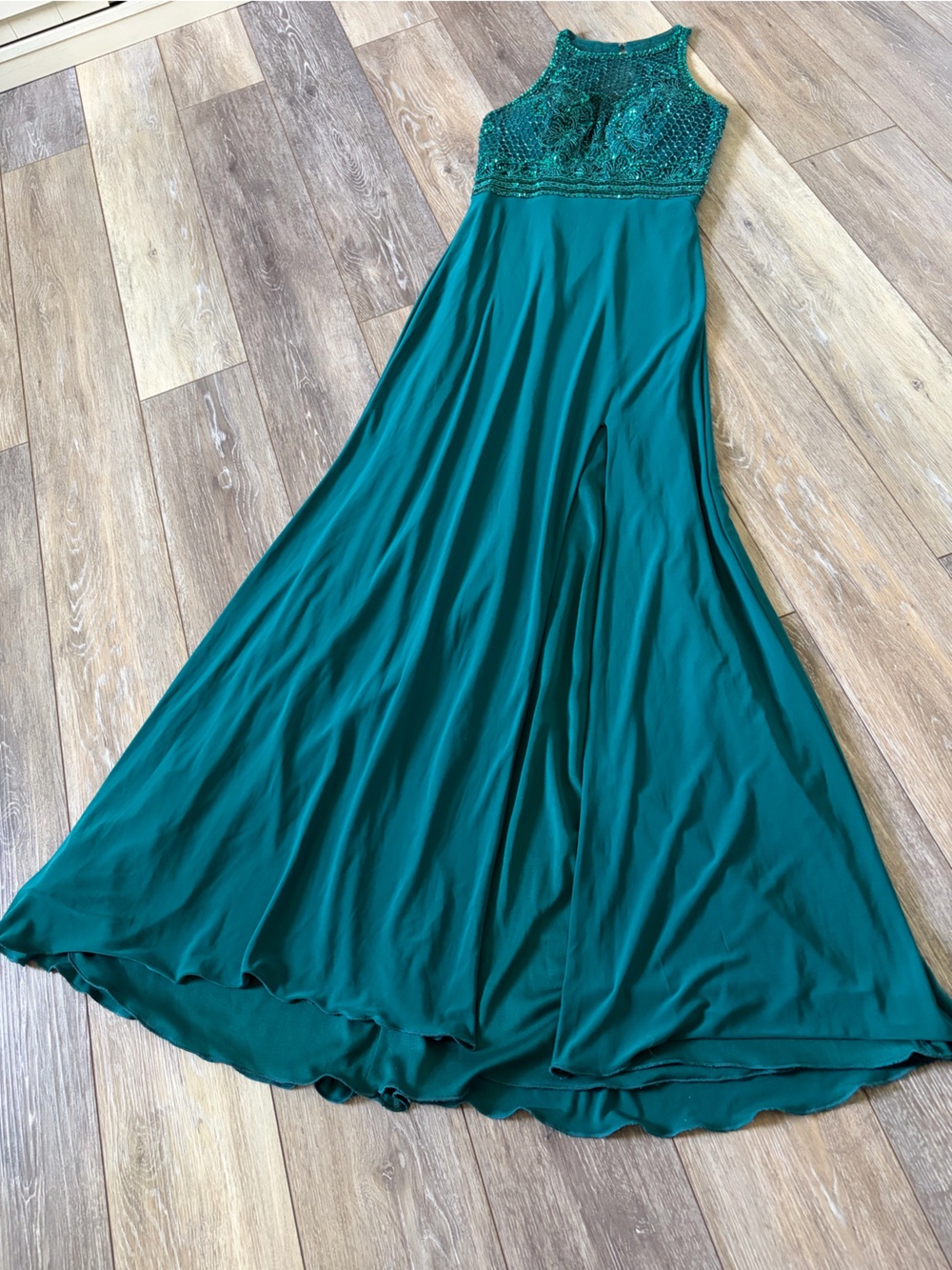 Sherri Hill Teal Beaded Halter Prom Gown with Side Slit - Picture 5 of 15